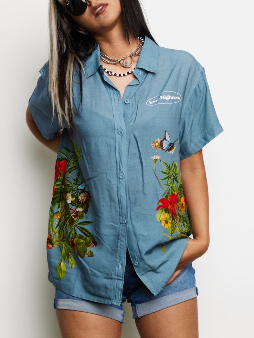 Your Highness Botanical Button-Up Shirt - Blue - Large